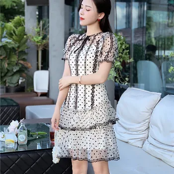 

HANZANGL 2020 Summer dresses Round neck wave dot mesh perspective princess sleeve waist waist temperament ladies style dress
