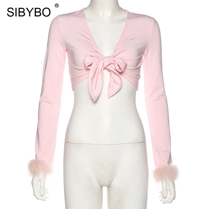SIBYBO с галстуком-бабочкой, длинный рукав, тонкий укороченный Топ для женщин, v-образный вырез, мех, рукав, Сексуальная футболка, Женская однотонная Повседневная повязка, топы для девушек
