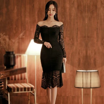 

Spring 2020 Long Sleeve Hollow Out Black Lace Dress Ladies See Through Retro Dresses Woman Party Night Slash Neck Sexy Dress