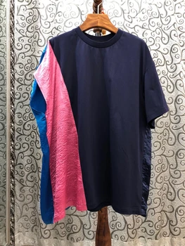 

2020 Spring and Summer New Women's round Neck Irregular Color Matching Short Sleeve All-match Loose Top 527