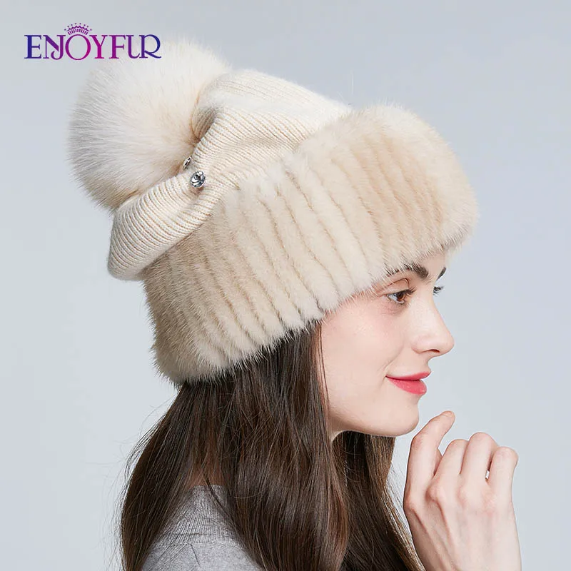 ENJOYFUR норки мех вязаные шерстяные шапки для женщин зимние толстые теплые мешковатые шапки-Боб женские шапки с лисьим мехом пом - Цвет: 09