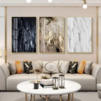 

Modern Wall Art Canvas Painting Beautiful Black White and Gold Feather Posters and Prints Wall Pictures for Living Room Bedroom