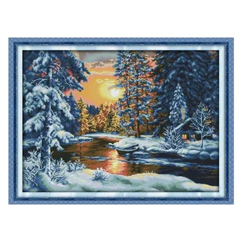 

Sunset Snow Winter Scenery Patterns Cross Stitch Kits Printed Fabric Embroidery Needlework Set 11CT 14CT Diy Home Decor Painting