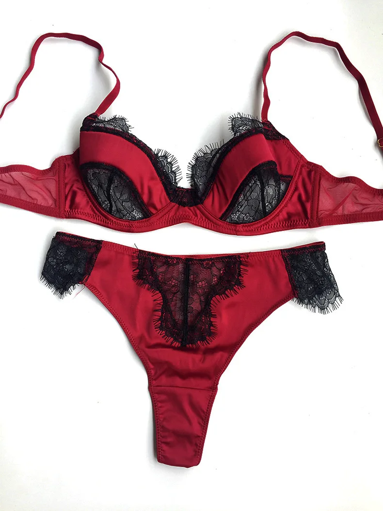 Wriufred Lace sexy underwear T pants satin stitching perspective seductive sexy bra set large size push up women lingerie