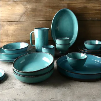

Green Retro Kitchen Ceramic Dinner Plate Set Porcelain Steak Tableware Rice Soup Bowl Cup Dish Home Decoration Hotel Dishes Set