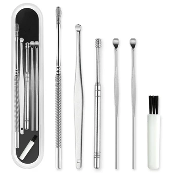 

6Pcs Ear Pick Set Stainless Steel Earpick Ear Wax Curette Remover Ear Cleaner Spoon Spiral Ear Clean Tool With Case