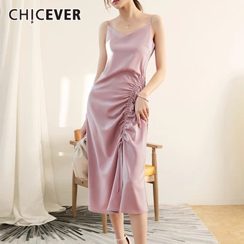 

CHICEVER Korean Sexy Drawstring Ruched Women's Dress V Neck Sleeveless Tunic High Waist Side Split Midi Dresses Female 2020 New