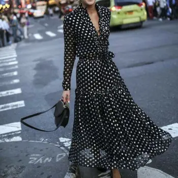 

Spring Women's Boho Long Maxi Dress Polka Dot Black V-Neck Long Sleeve Party Beach Sundress Vestido