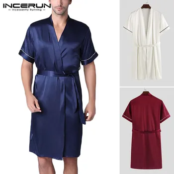 

Men Bath Robe Silk Waffle Shower Sleepwear Couple Short Sleeve Nightgowns Robe Male Female Blue Loose Pajamas Plus Size INCERUN
