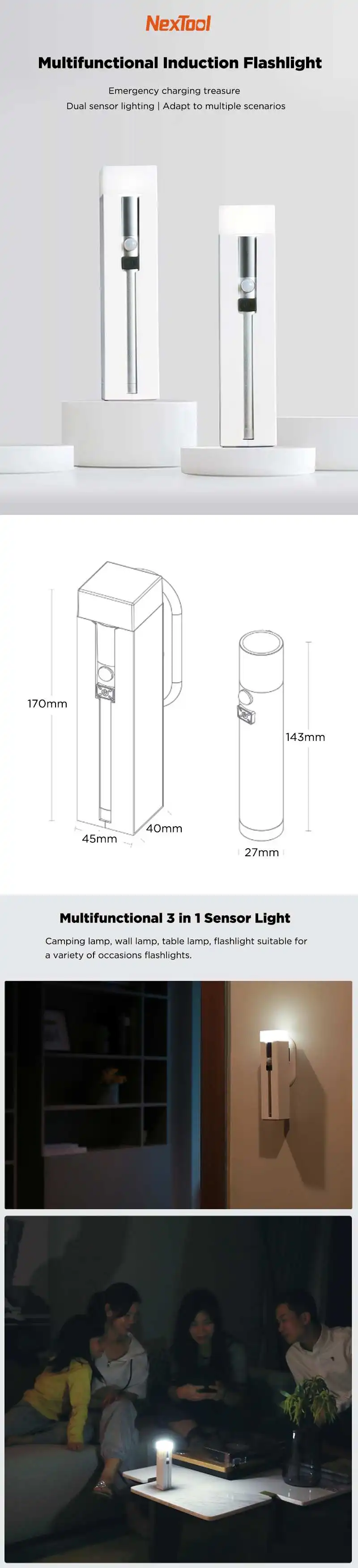 NexTool 500LM перезаряжаемый светильник-вспышка на 120 ° индукционный Магнитный настенный светильник Youpin с питанием от USB, аварийный светильник, фонарь