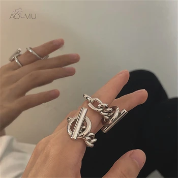 

AOMU 2020 New Hollow Toggle Clasp Twisted Silver Color Chain Circle Bar Geometric Punk Rings for Women Minimalist Party Jewelry