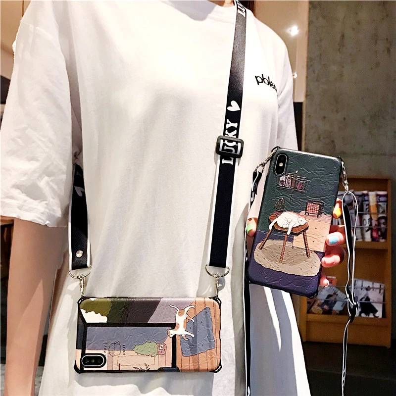 

phone cases with chain for iphone X XR Xs max 6s 7 8 plus Cartoon Retro cat graffiti Crossbody soft back cover with long strap