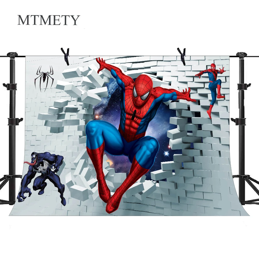 

MTMETY Super heroes Backdrop Cartoon Man Like a Spider White Brick Wall Backdrop for Boy Birthday Party Decor Photo Booth Props