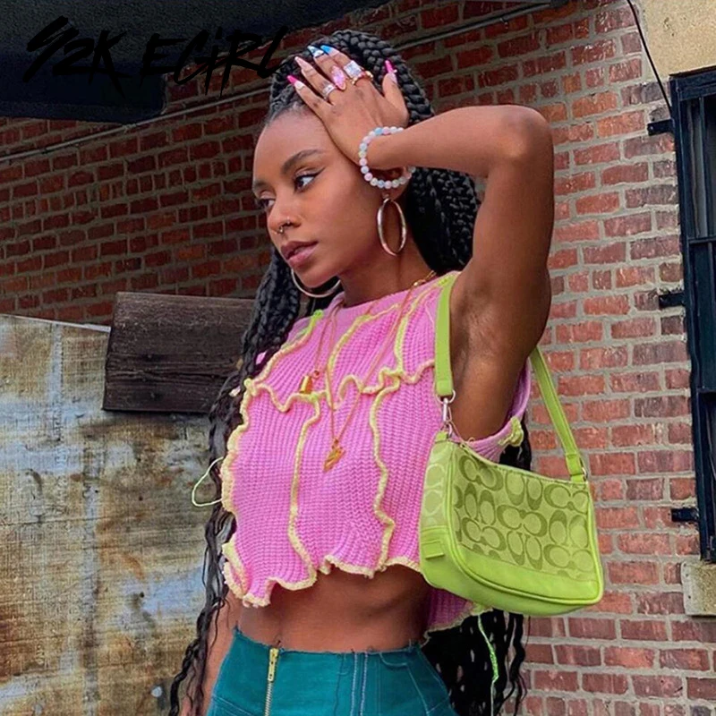 

Y2K EGIRL Knitting Patchwork Ruffles Fashion Tank Tops Women Sleeveless Fashion 90s Streetwear Crop Top Slim Bodycon Club Tanks