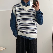 Осень жилет свитер мужской модный контрастный цвет Повседневный полосатый вязаный жилет свитера мужской свободный пуловер мужской свитер, одежда