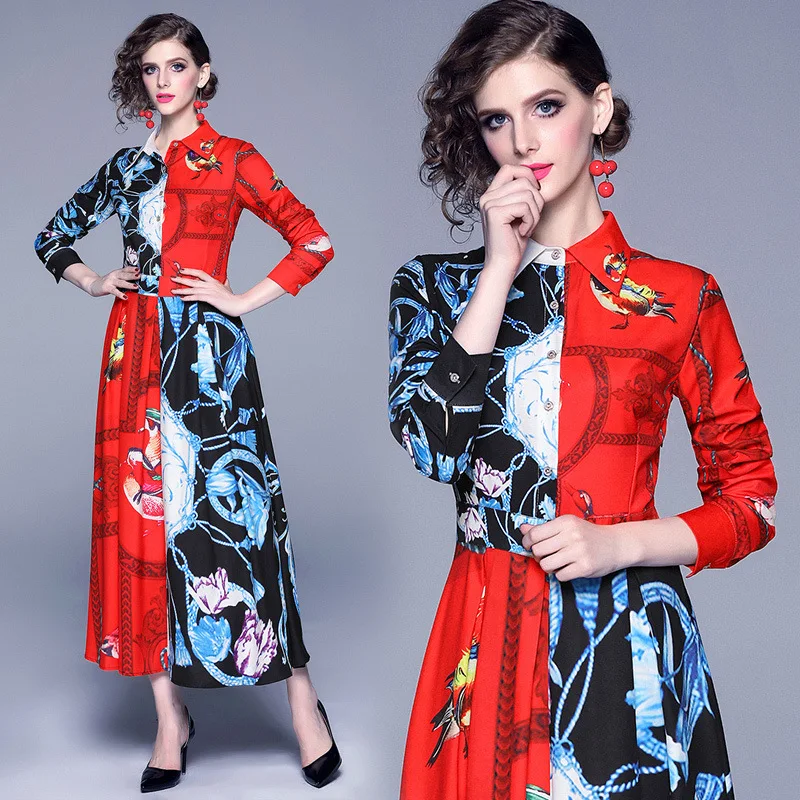 

3270 Europe And America New Style Fashion Contrast Color Mandarin Duck Printing Mesh Red Fashion Western Style Dress Europe And