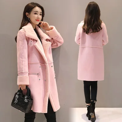 Winter Velvet Suede Jacket Coats Women Winter Outerwear Fashion Coat Thick Warm Faux Sheepskin Long Casual Female Overcoat - Цвет: 5566 pink