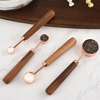 

Household Kitchen Dining Bar Baking Tools Walnut Wooden Handle Copper Plating Measuring Cups Spoon Cake Sugar Tools Set