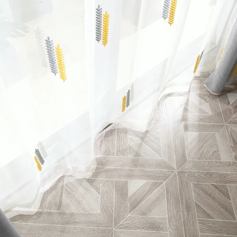 Modern Minimalist Grid Bottom Wheat Spike Embroidery Tulle for Living Dining Room Bedroom