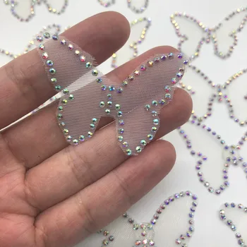 

3d diamond crystal ab Rhinestones iron on hotfix butterfly applique patch motif organza with stones for wedding skating dress