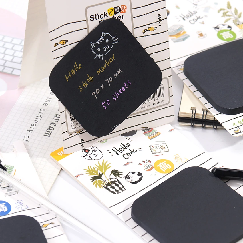 50 Sheets Black Paper Memo Pads Highlighter Pen Set Message Counting N Times Sticky Paper Plan Student Stationery