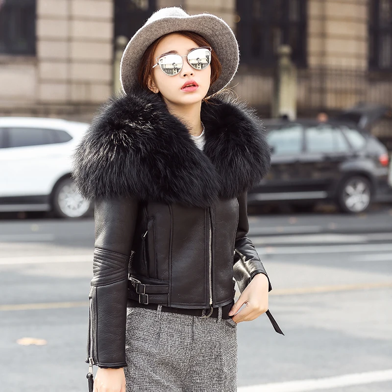 

gl0003 Real Raccoon Fur Collar Genuine Leather Jacket Aviator Fashion Real Sheep Fur Shearling Jacket Woman