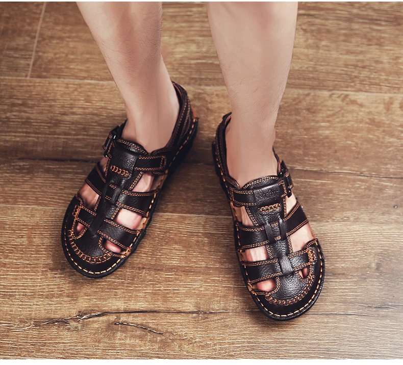 Классические сандалии из телячьей кожи высокого качества; летние мужские сандалии ручной работы; модные удобные мужские пляжные кожаные туфли; размер 48