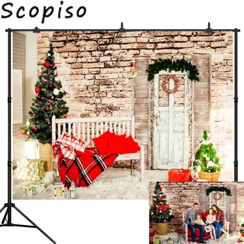 

Scopiso Gray Brick Wall Christmas Tree Bench Wooden Door Child Portrait Backgrounds Photography Backdrops Photo Studio Prop