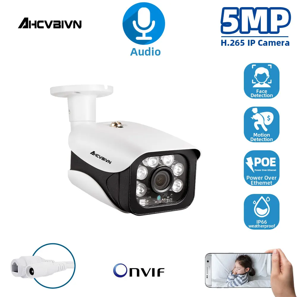 

AI Face Detection 5.0MP Audio POE IP Camera 5MP Bullet Outdoor Weatherproof Security Camera ONVIF for POE NVR System Kit