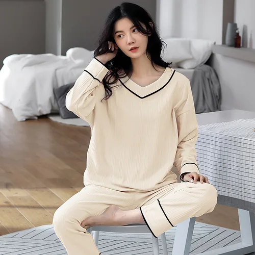 M-5XL 캐주얼 플러스 사이즈 풀코튼 잠옷, 여성 용수철 가을 잠옷 세트, 긴 소매 루즈한 V넥 잠옷 세트 4