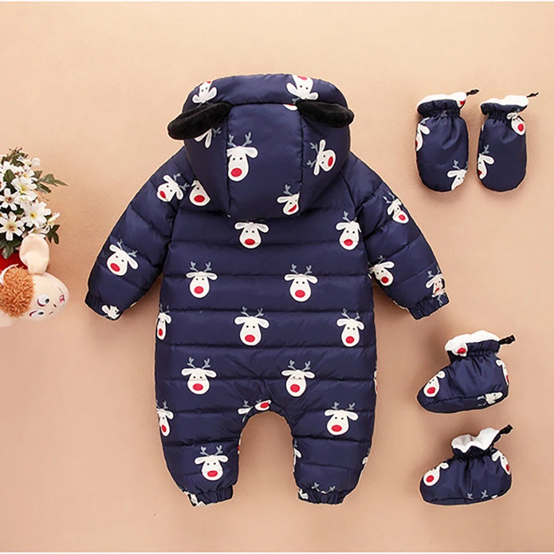 Детские комбинезоны; зимняя одежда для новорожденных; Лыжная одежда для маленьких мальчиков и девочек; комбинезон с капюшоном и медвежьими ушками; Верхняя одежда для малышей