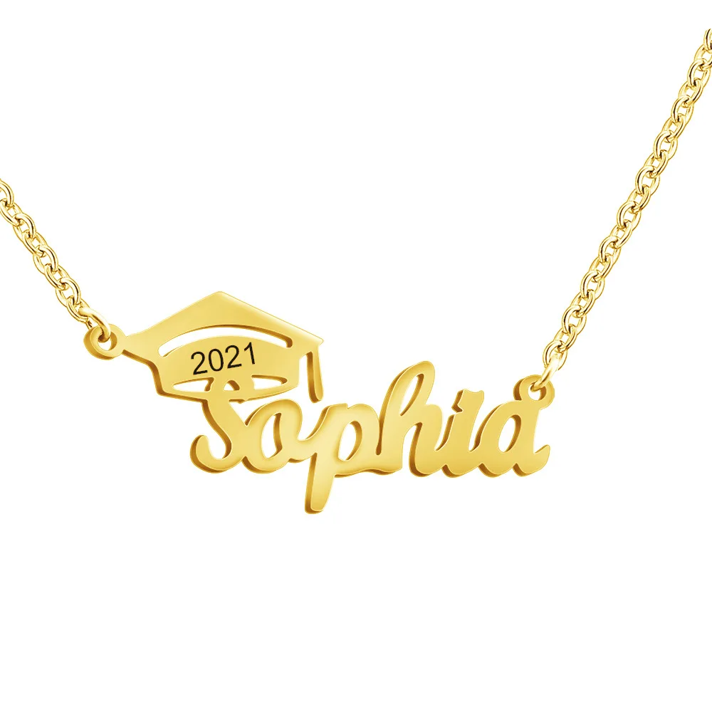

2022 Graduation Gift | Custom Necklace with Name Old English | Personalized Name Plate Necklace with Graduate Cap Design 20*43MM