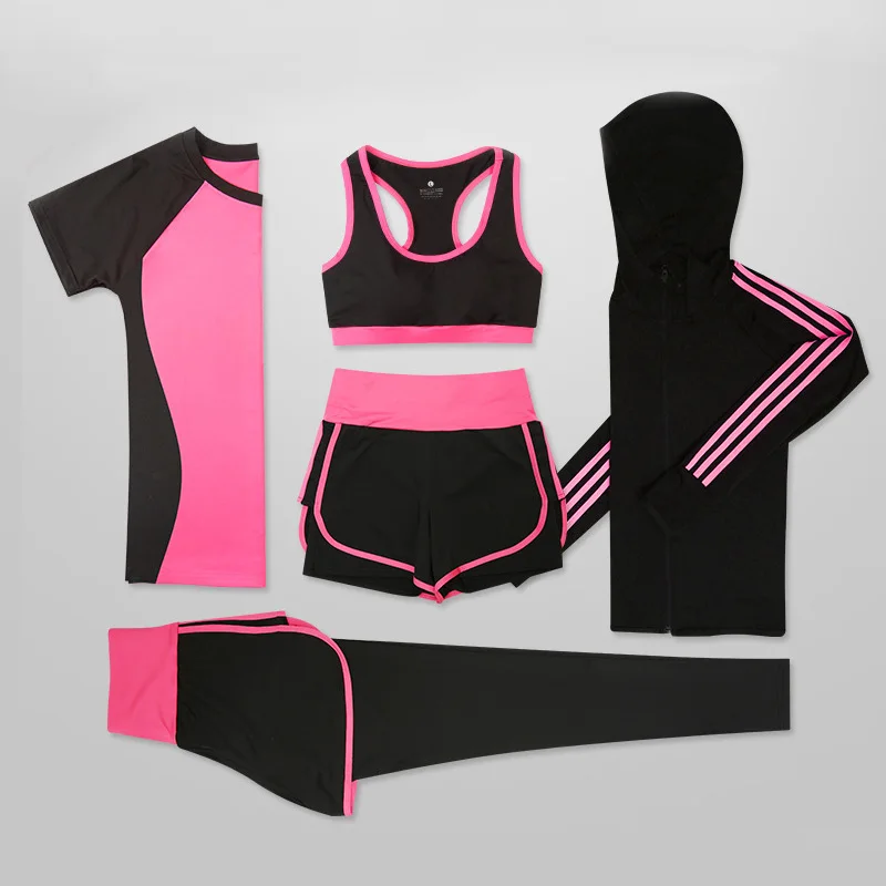 G-SHOW, комплект с бюстгальтером, женский спортивный костюм для йоги, быстросохнущие шорты из 5 предметов, женские длинные штаны с коротким рукавом, уличная спортивная одежда, костюм для фитнеса - Цвет: 5-piece rose red-2