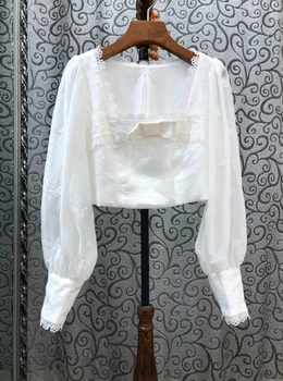 

2020 Early Spring New Women's Lace Selvage Panel Square Collar Long Sleeve All-match Solid Color Top 405