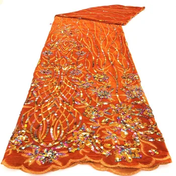

Orange velvet lace fabrics clothing latest Nigerian French tulle lace sequins high quality African sequins lace fabrics