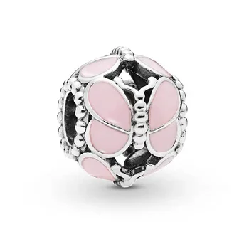 

New Authentic 925 Sterling Silver Enamel Beads Pink Butterflies Swarm Charms Fit Original Pandora Bracelet For Women DIY Jewelry