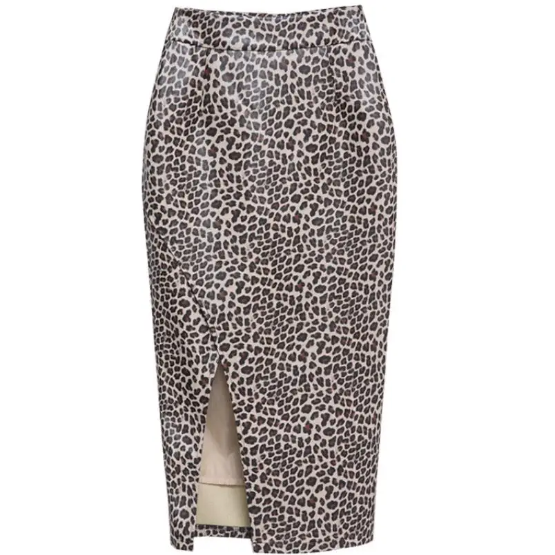 Леопардовая кожаная юбка новая высокая талия ПУ сексуальная сторона Сплит юбка женская