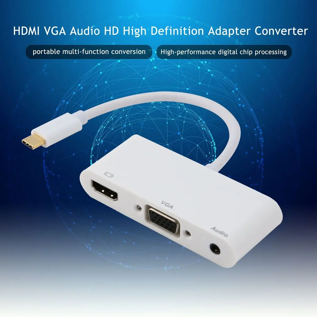 Высококачественный USB 3,1 тип-c к HDMI VGA Аудио HD адаптер высокой четкости конвертер с тип-c к VGA кабель Белый