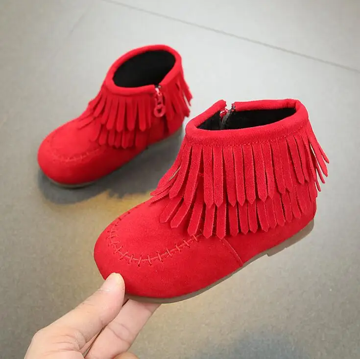 Классические ботинки с бахромой для маленьких девочек; модные детские зимние ботинки; милая обувь принцессы для девочек; сезон осень-зима; размеры 21-30 - Цвет: photo color