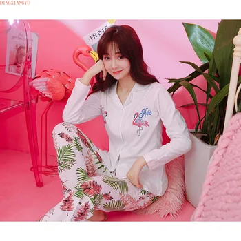 

Spring and Autumn Cardigan Cotton Pajamas Casual and Sweet Fashion Cotton Long-Sleeved Women's Pajamas Homewear Casual Suit