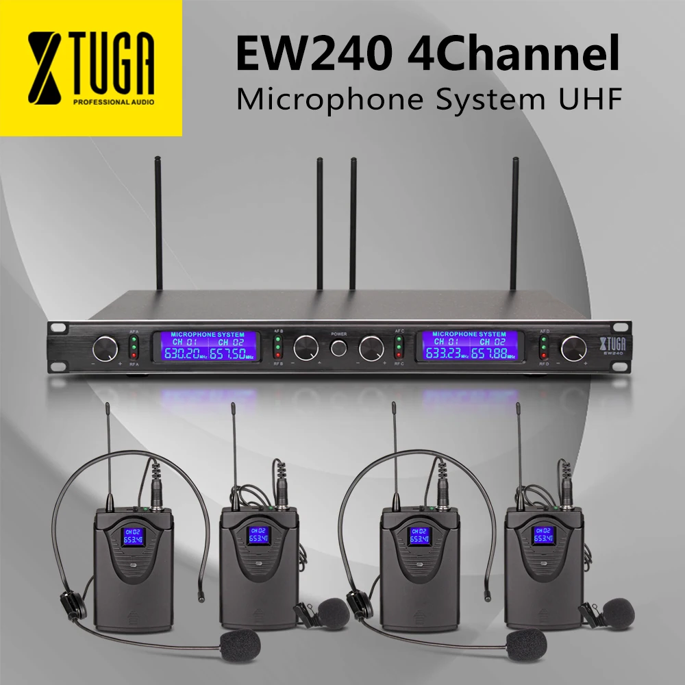 США рус XTUGA аудио EW240 4 канала беспроводной сценический микрофон системы UHF металлический приемник с четырьмя шт. Пластик поясной пакет