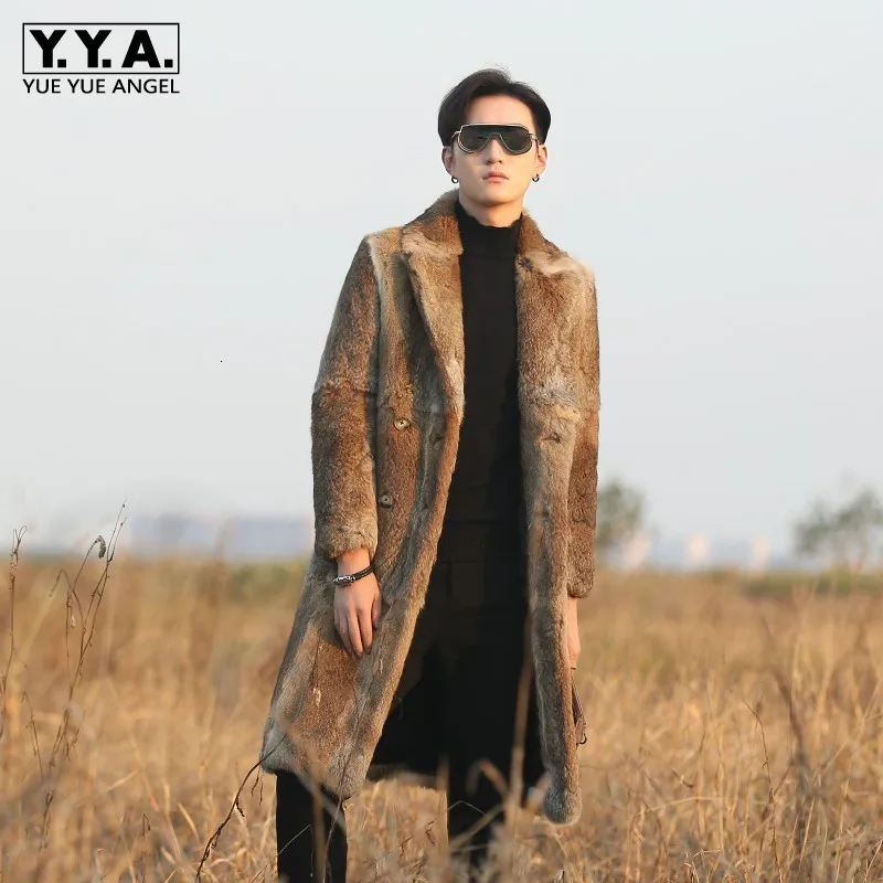 

Runway Men Genuine Rabbit Fur Overcoat Luxury Long Slim Real Fur Coat Business Casual Winter Double Breasted Shearling Jacket