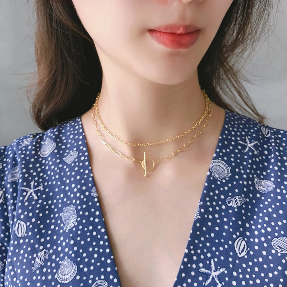 

925 Sterling Silver Figaro Chain Doule Layer Link Chain Necklaces with OT Clasp Gold Choker Necklace for Women Summer Jewelry