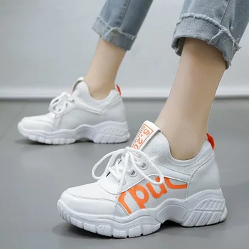 

2019 Running Shoes For Women White Sport Sneakers Woman Platform Leather Sports Walking Shoes Height Increase Chunky Sneakers