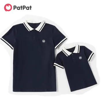 

PatPat 2020 New Summer Solid Tee Collar Cottton Tops for Dad and Me Short-sleeve Dark Blue T-shirts
