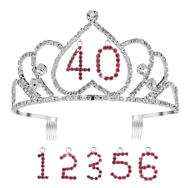 

Crown Rhinestone Tiara Birthday Headband Headwear Hanging Numbers with Comb Pin for Wedding Bride Bridesmaid