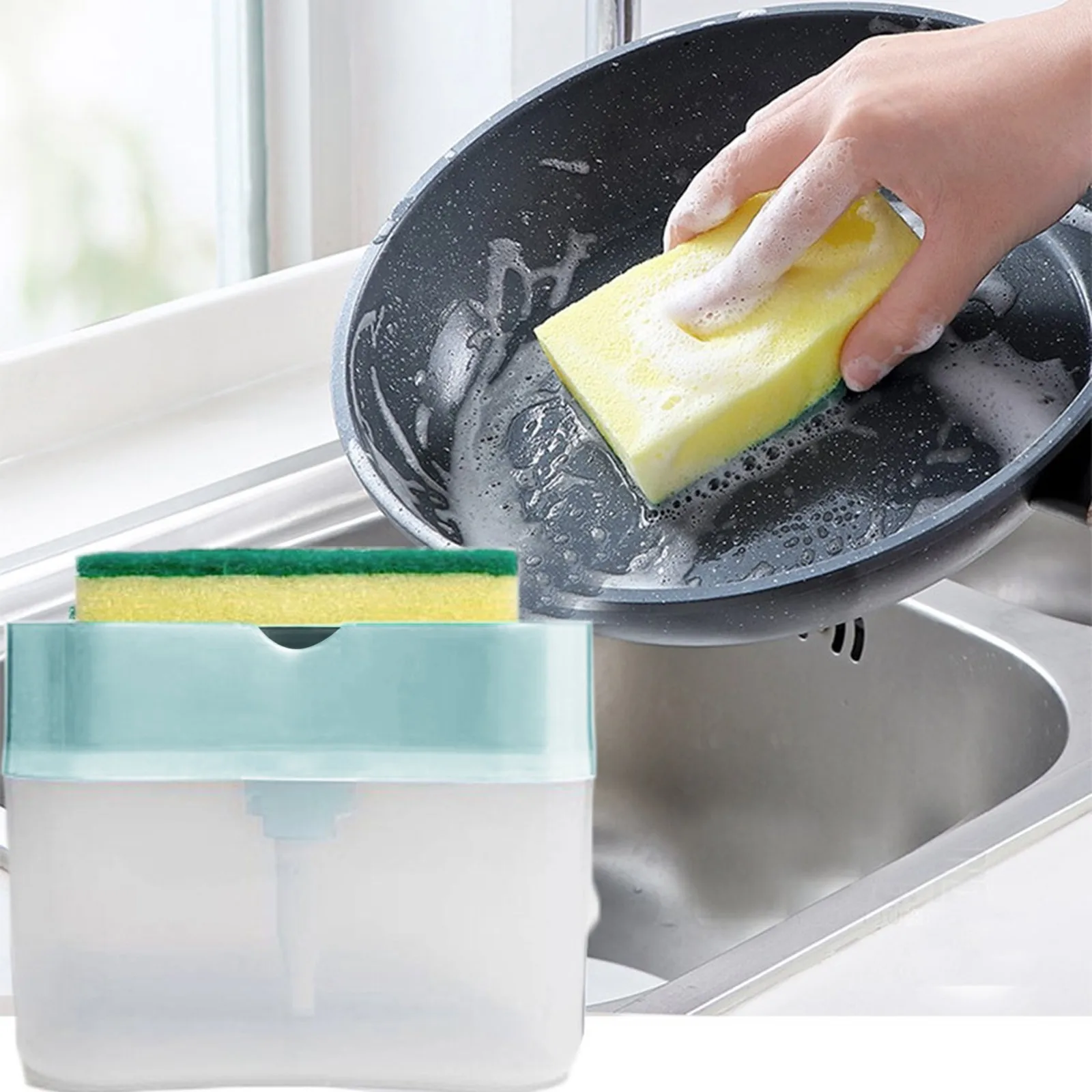 Portable Detergent Dispenser Set for Kitchen Dish Soap Box with Sponge