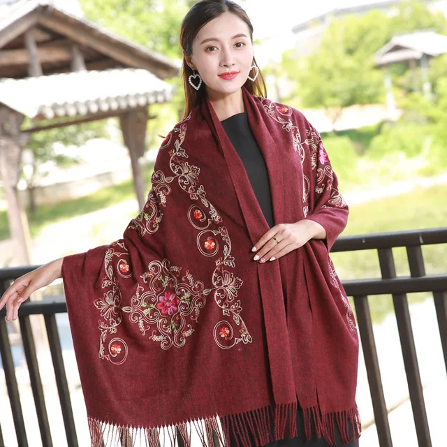Большие кашемировые вышитые цветы Shwal женские шали из пашмины осень зима шарф мягкий Универсальный кисточкой теплое пальто Bufanda Mujer - Цвет: black red