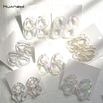 

HUANZHI 2020 New Transparent Geometric Chain Resin Acrylic Long Stud Earrings Round U Shaped Earring for Women Girls Jewelry