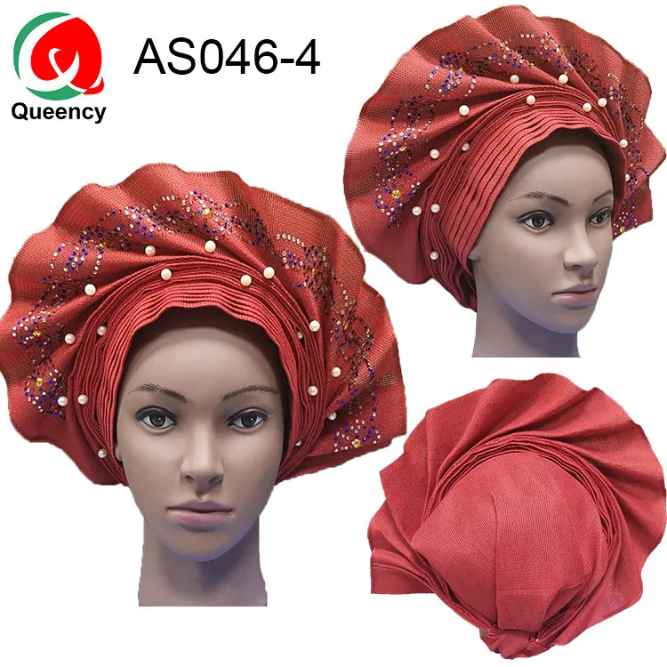 AS046 африканская повязка для женщины в нигерийском стиле уже сделал Авто геле тюрбан Aso Ebi большой край красивый свадебный головной убор - Цвет: AS046-4
